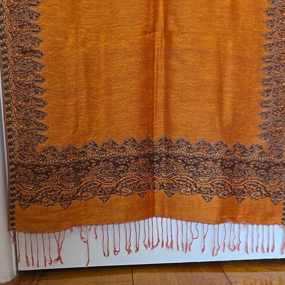🧡✨ Burnt Orange Paisley Pashmina Shawl Wrap Fringe Scarf Reversible 27x77 - Picture 10 of 16